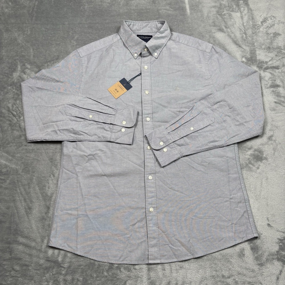 Charles Tyrwhitt Button Down Mens Large Grey Stretch Oxford Slim Fit NWT